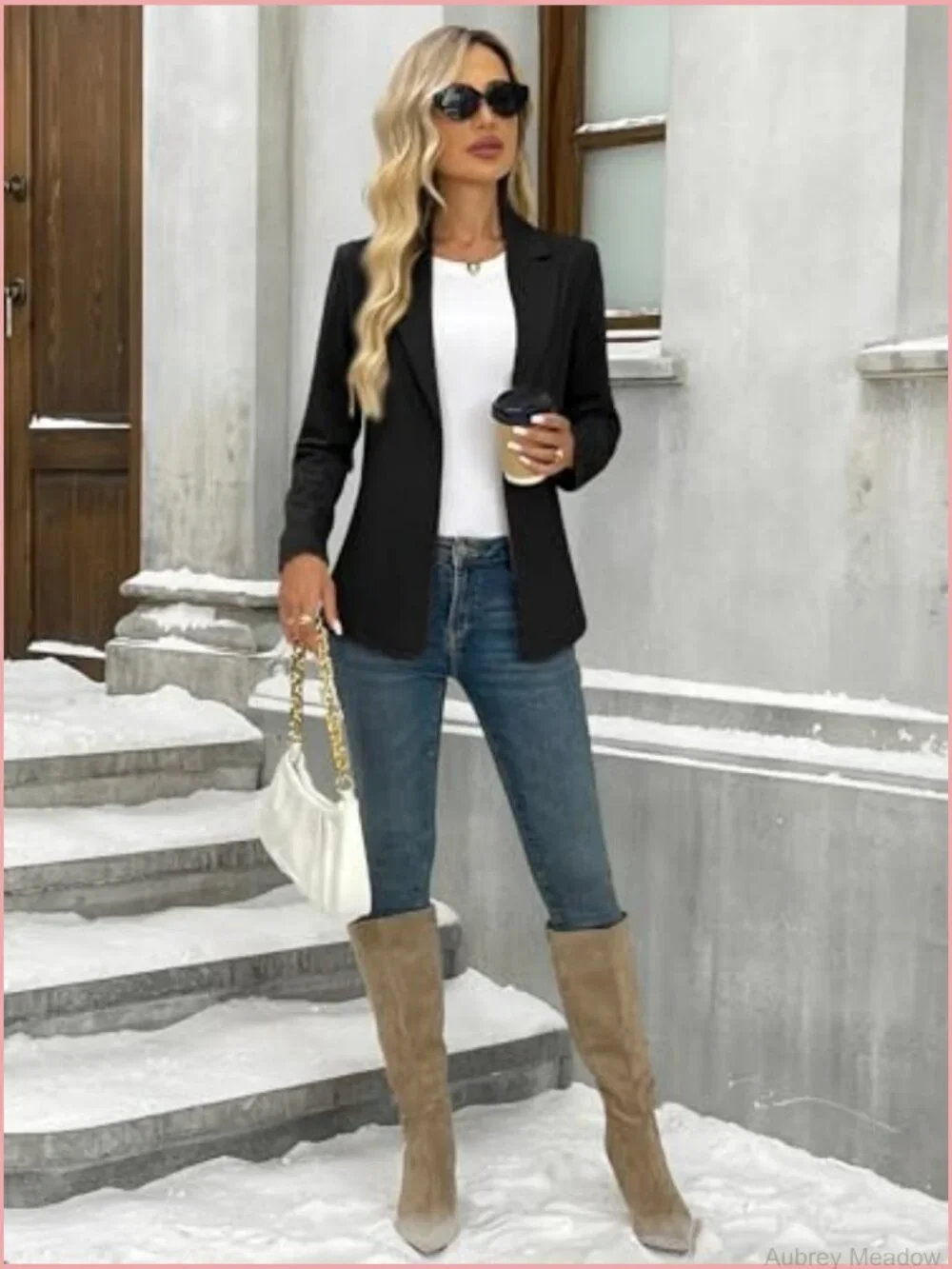 Business Casual Open Front Blazer, Stretchy Knit Long Sleeve Work Office Suit